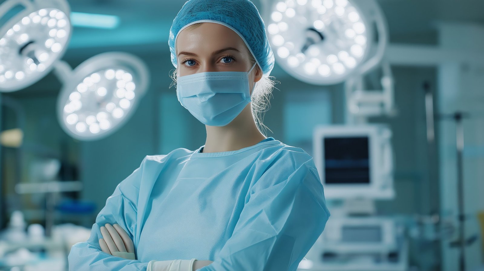 Inspiring Female Surgeon in Surgical Scrubs and Mask Leads an Operating Room Team